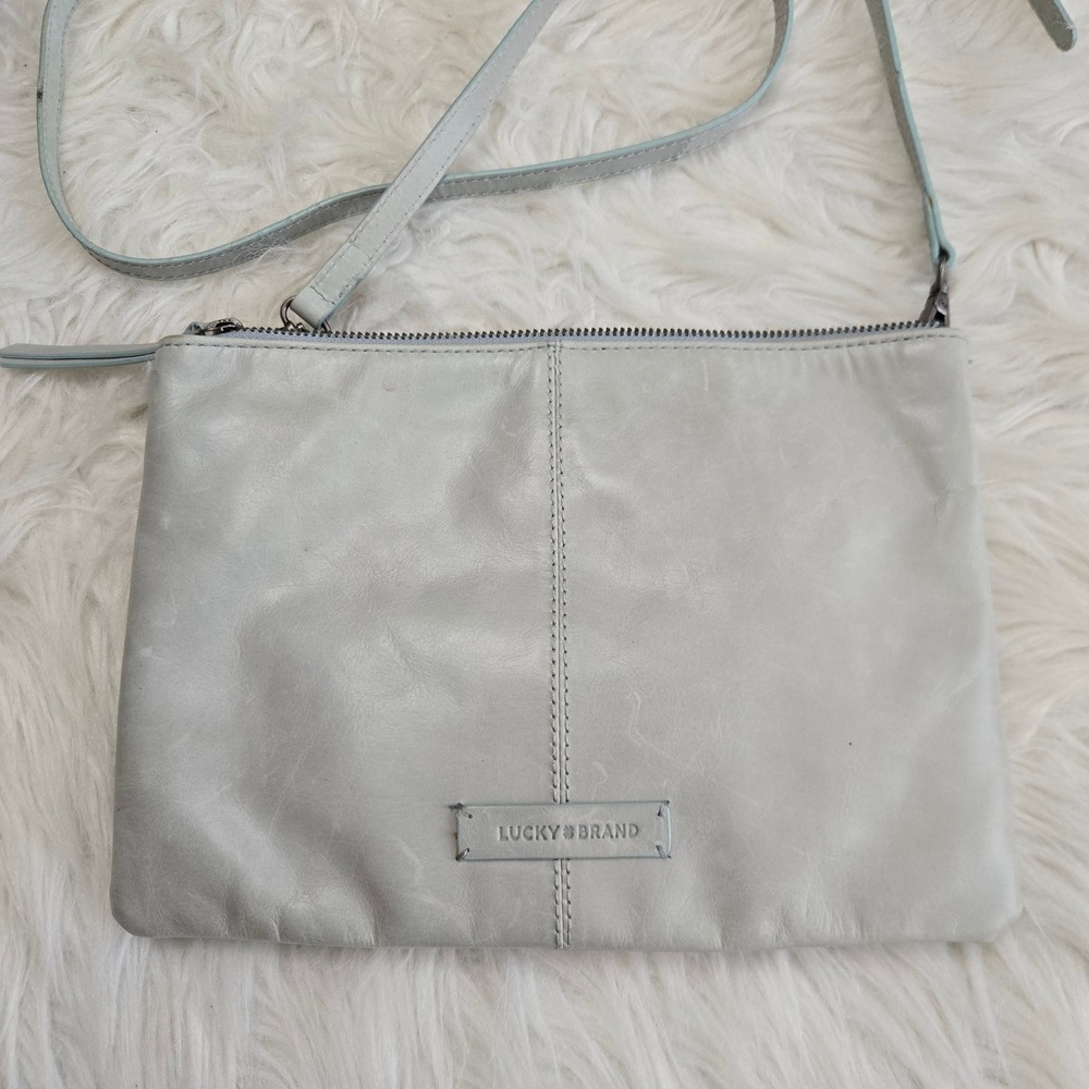 Lucky Brand Light Seafoam Leather Double Zip Crossbody Bag Slim Messenger - Picture 2 of 12